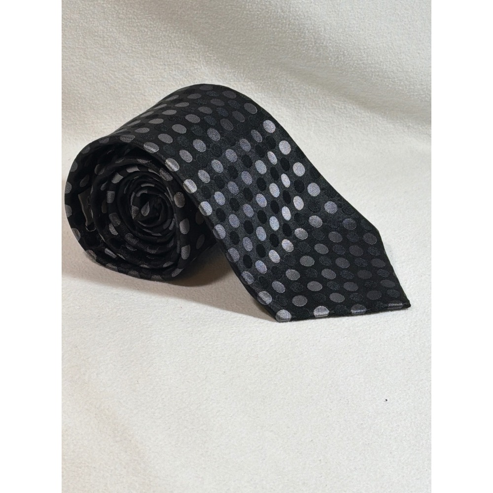 Joseph Abboud Mens Silk Necktie Black Grey Silver Polka Dot Woven Classic Tie